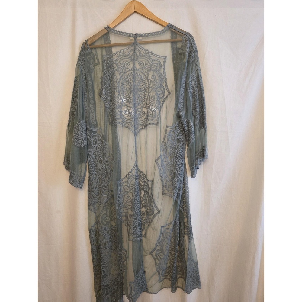Love On A Hanger Kimono Jacket Womens M/L‎ Green Mesh Embroidered Lace Sheer